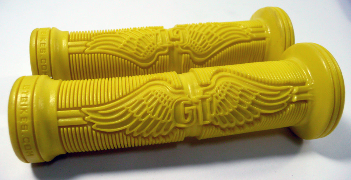 GT VLG-859A Wings Logo BMX Bicycle Handlebar Grips Yellow 130mm Flanged w/ Bar Plugs