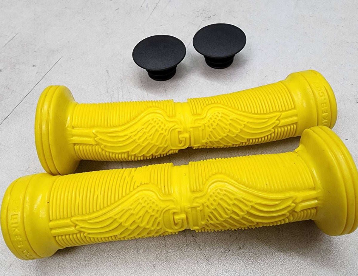 GT VLG-859A Wings Logo BMX Bicycle Handlebar Grips Yellow 130mm Flanged w/ Bar Plugs