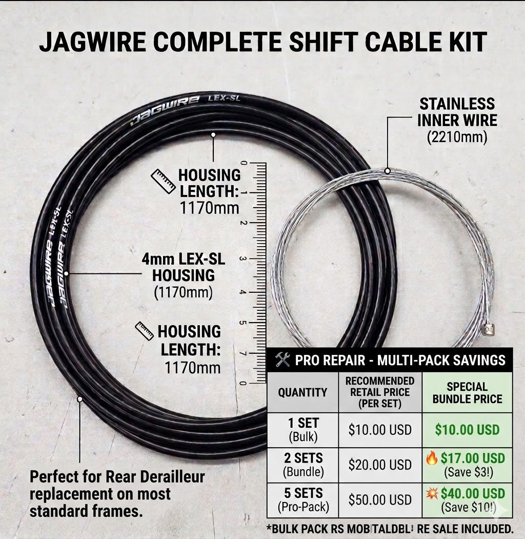 Jagwire LEX-SL 4mm Shift Cable Set - Stainless Steel Inner Wire (2210mm) + Housing (1170mm) - Black - Bulk Pack (No End Caps)