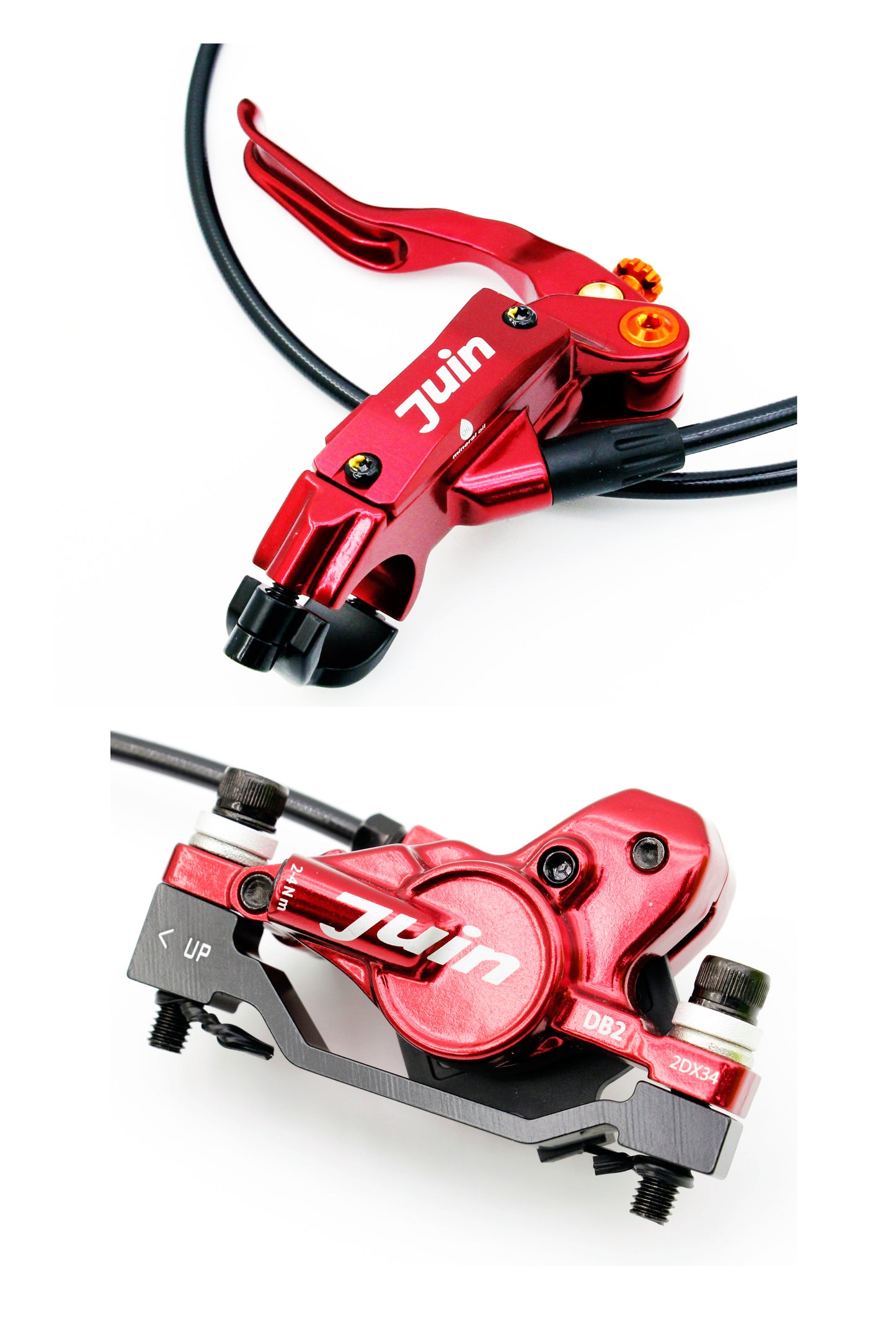 Juin Tech DB2 Mountain Bicycle Hydraulic Disc Brake Set w/160mm rotors Red