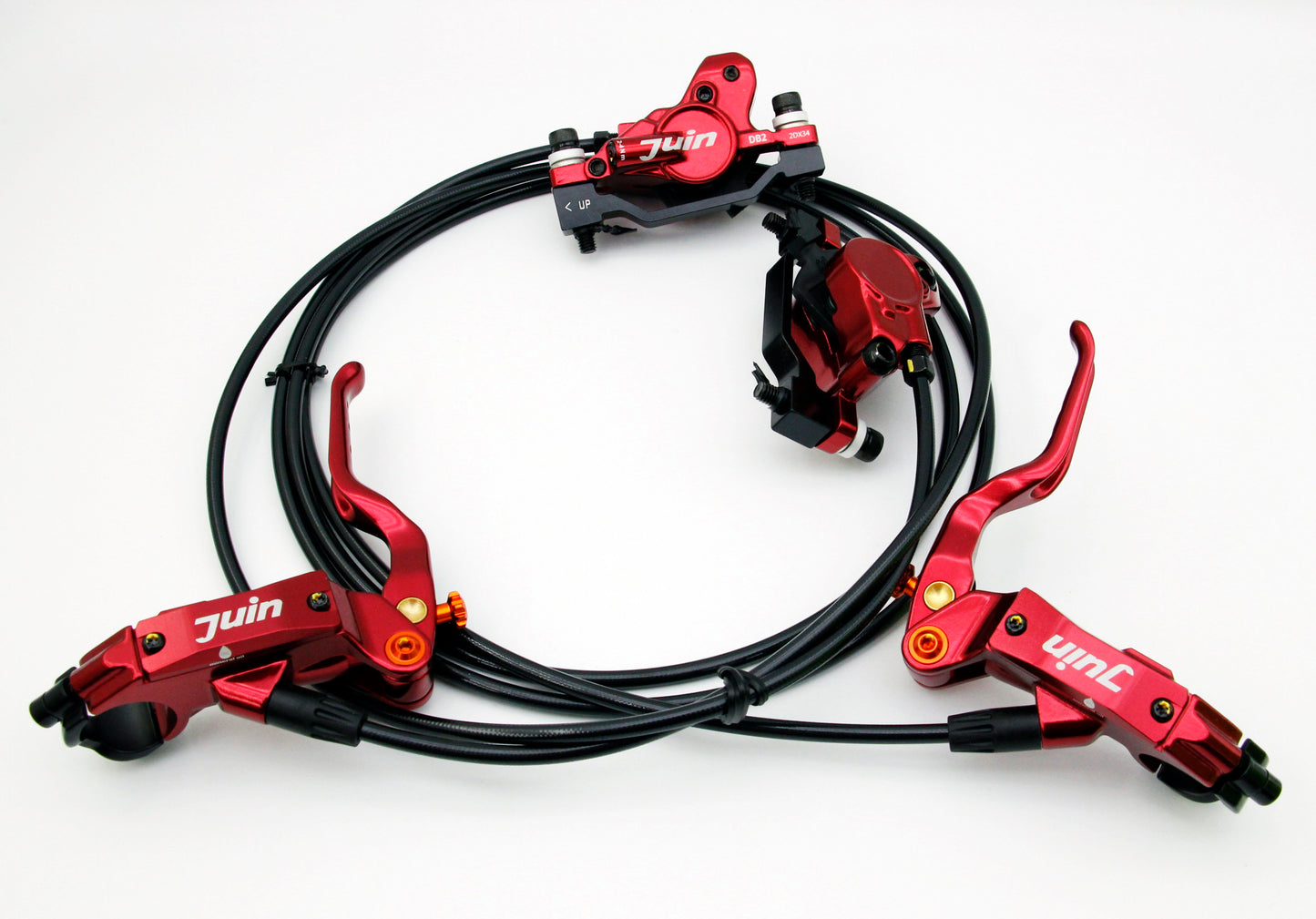 Juin Tech DB2 Mountain Bicycle Hydraulic Disc Brake Set w/160mm rotors Red