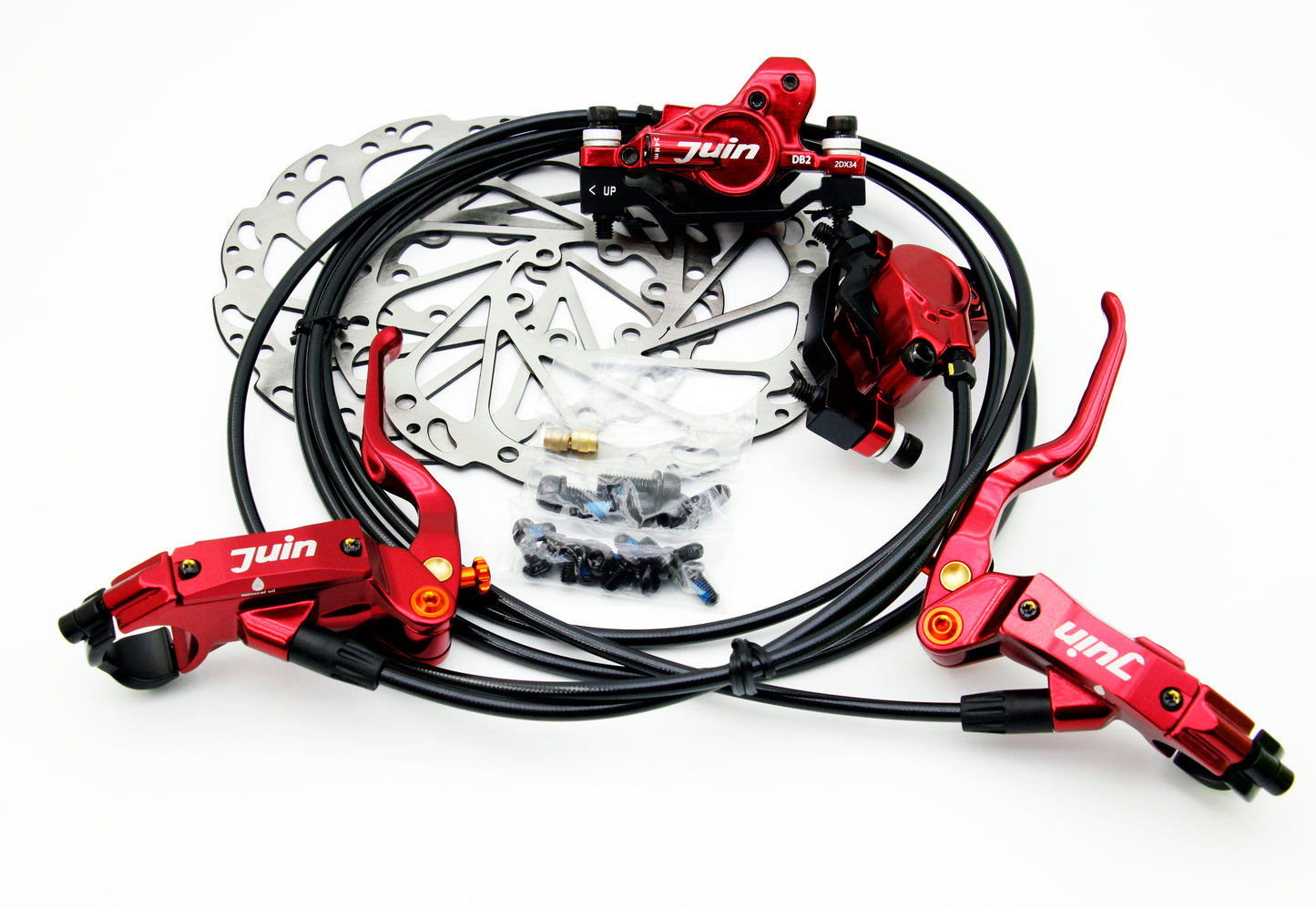 Juin Tech DB2 Mountain Bicycle Hydraulic Disc Brake Set w/160mm rotors Red