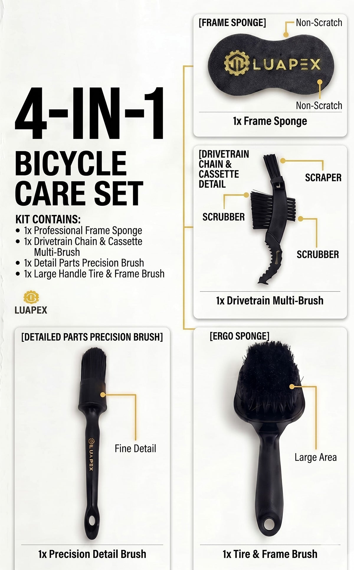 LUAPEX 4-in-1 Bicycle Cleaning Kit Drivetrain Chain Brush Frame Sponge Bike Wash