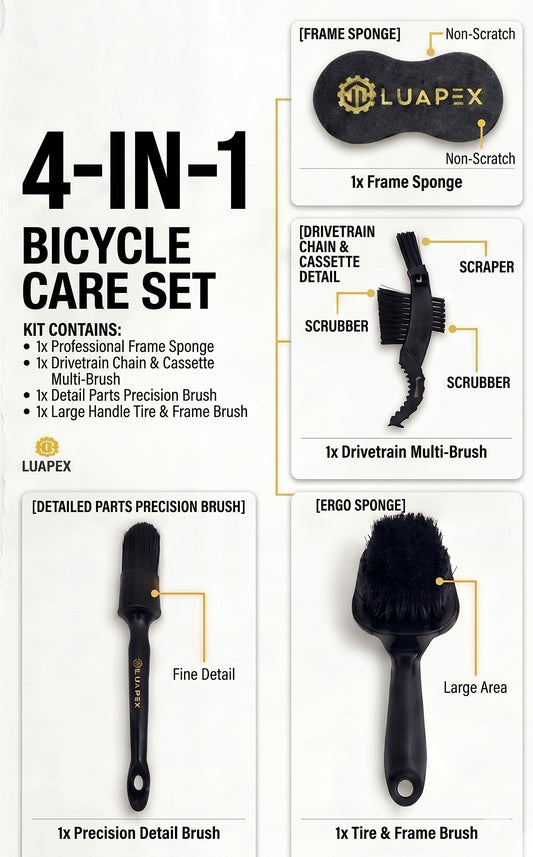LUAPEX 4-in-1 Bicycle Cleaning Kit Drivetrain Chain Brush Frame Sponge Bike Wash