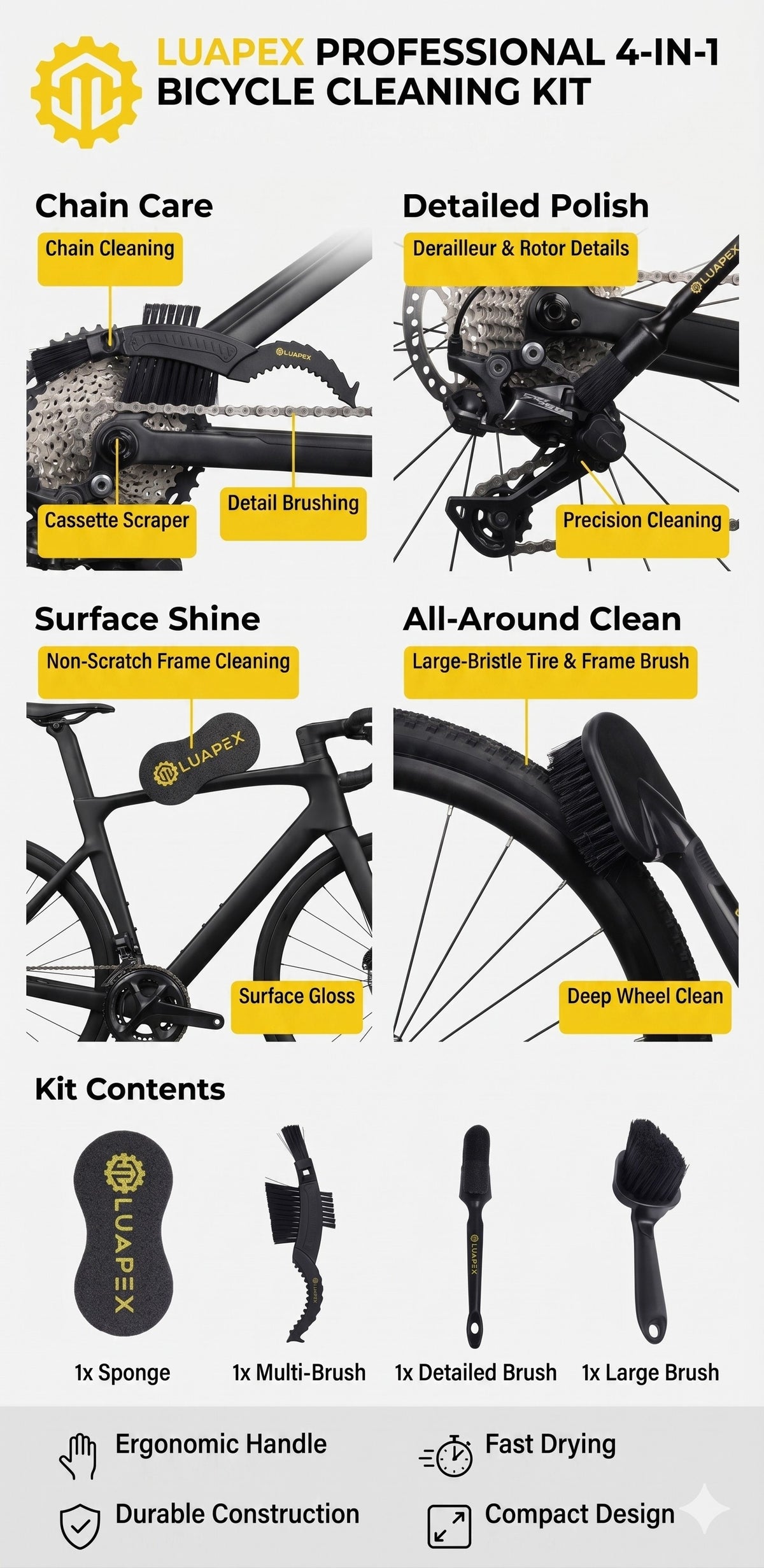 LUAPEX 4-in-1 Bicycle Cleaning Kit Drivetrain Chain Brush Frame Sponge Bike Wash