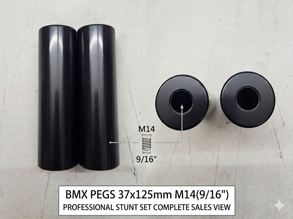 BMX Pegs 1 Pair 37x125mm M14 (9/16") Threaded Stunt Pegs -Pair (2pcs) Black 0081