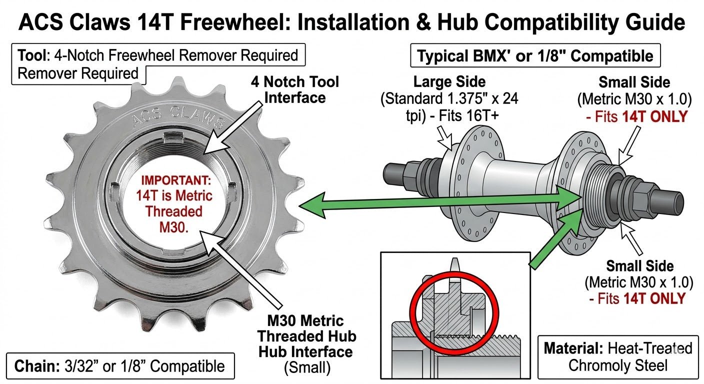 ACS Claws BMX Freewheel 14T x 3/32" Chrome Plated NOS - Fits Metric Flip-Flop